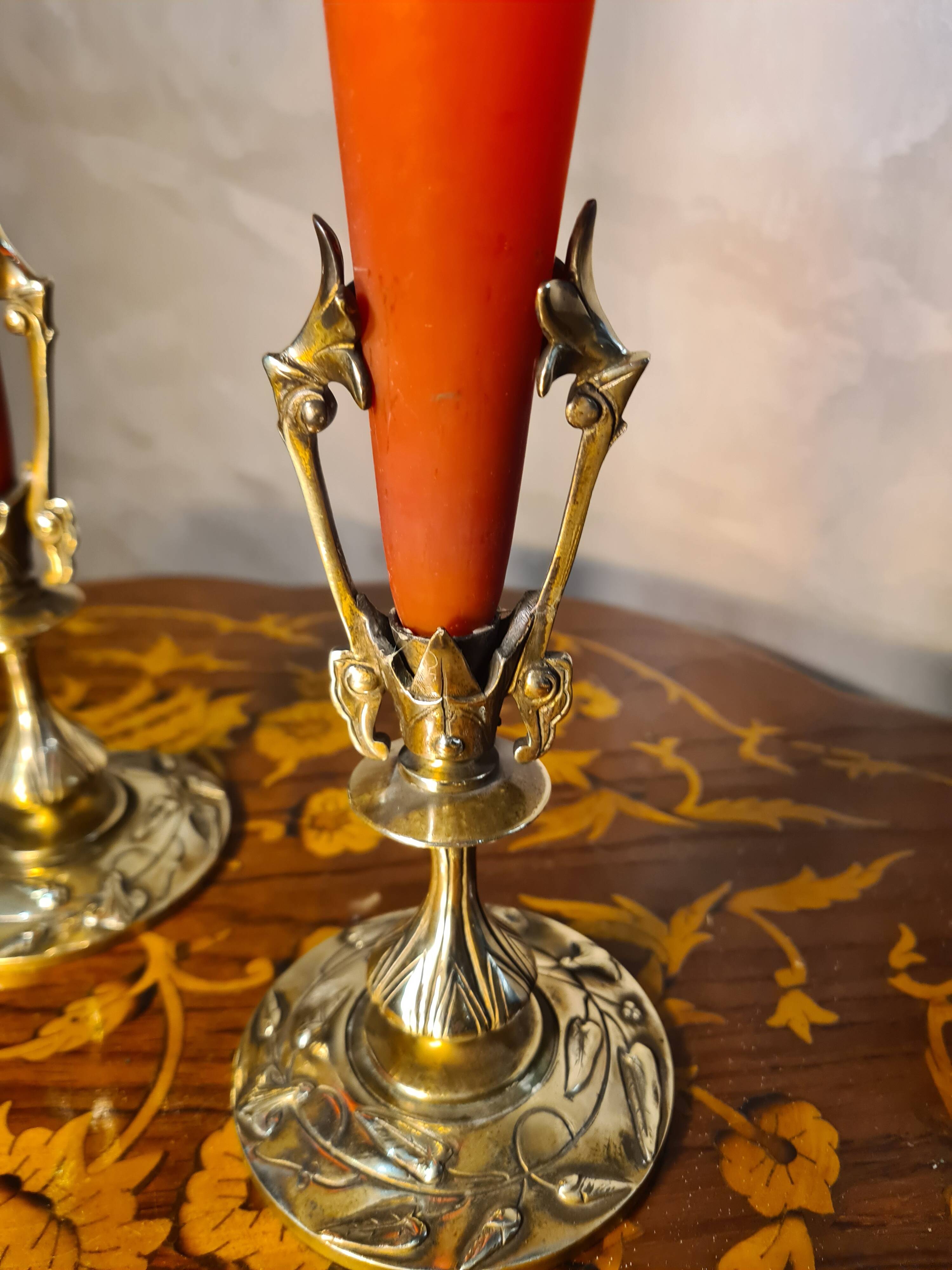 pair of bronze and glass paste Art Nouveau vases, bouquet holder, soliflore cone