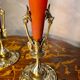 pair of bronze and glass paste Art Nouveau vases, bouquet holder, soliflore cone