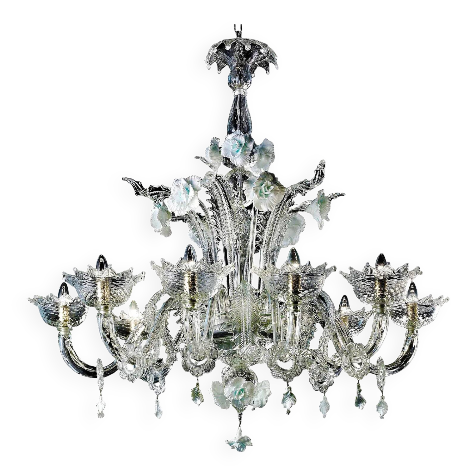 Luxury Romantic Venetian Floral Murano Glass Chandelier in White & Clear