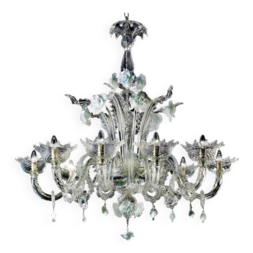 Luxury Romantic Venetian Floral Murano Glass Chandelier in White & Clear