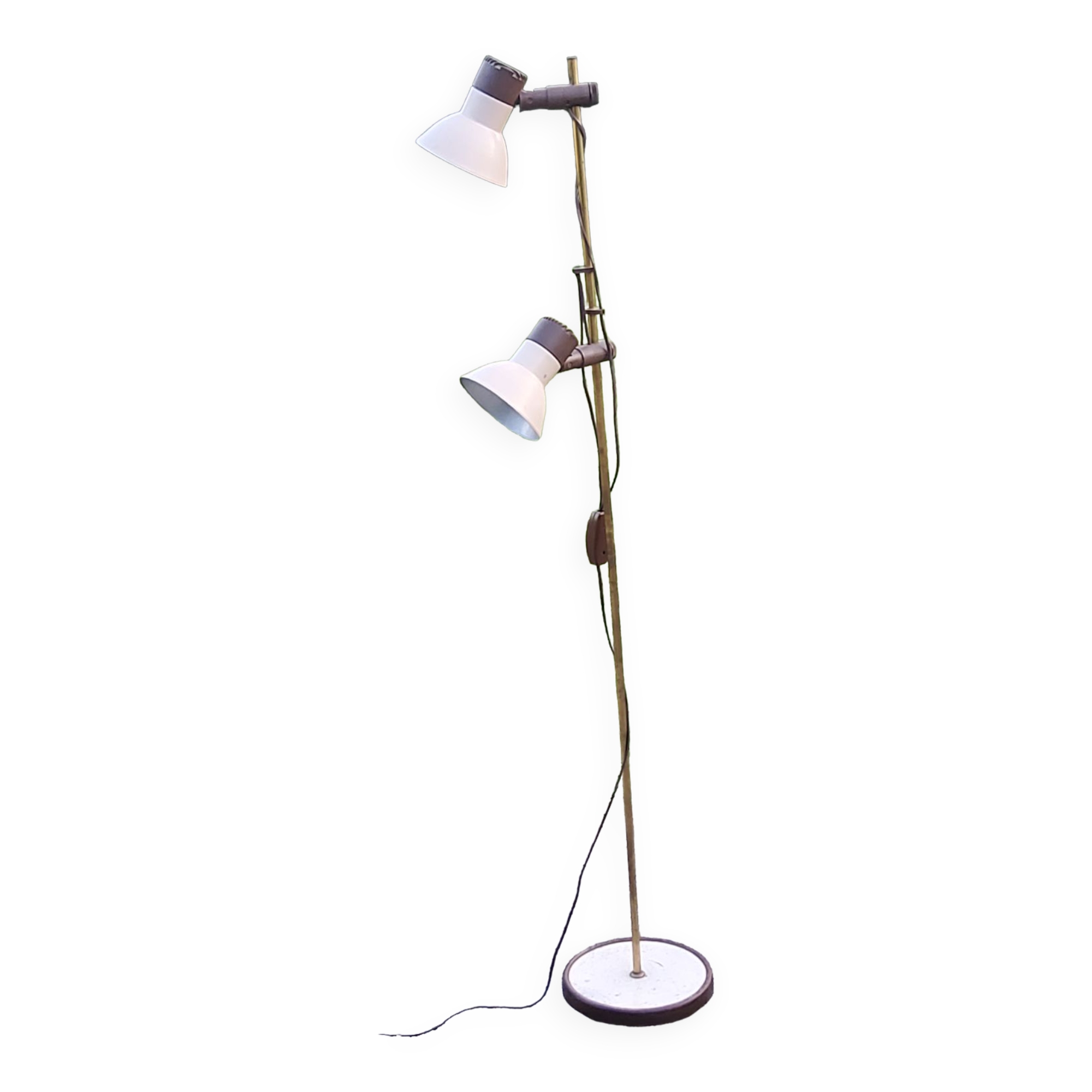 Floor lamp of the 70s in gilded brass lacquered beige metal and brown plastic 2 spots