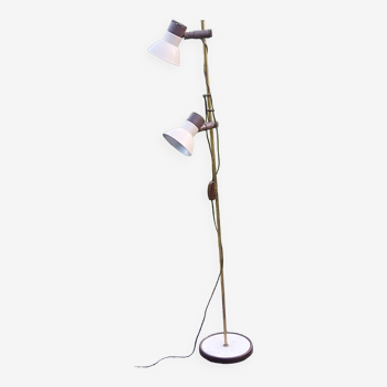 Floor lamp of the 70s in gilded brass lacquered beige metal and brown plastic 2 spots