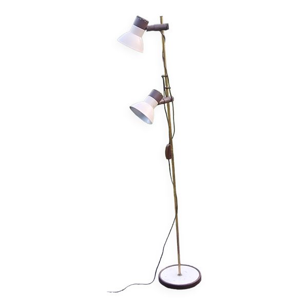 Lampadaire des années 70 en laiton doré métal laqué beige et plastique marron 2 spots — Beyit