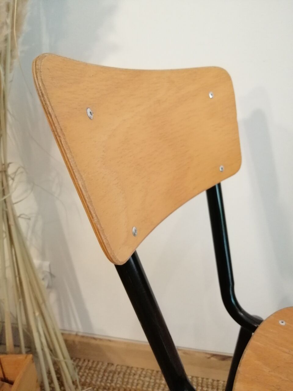 Series of 4 wooden and metal school chairs