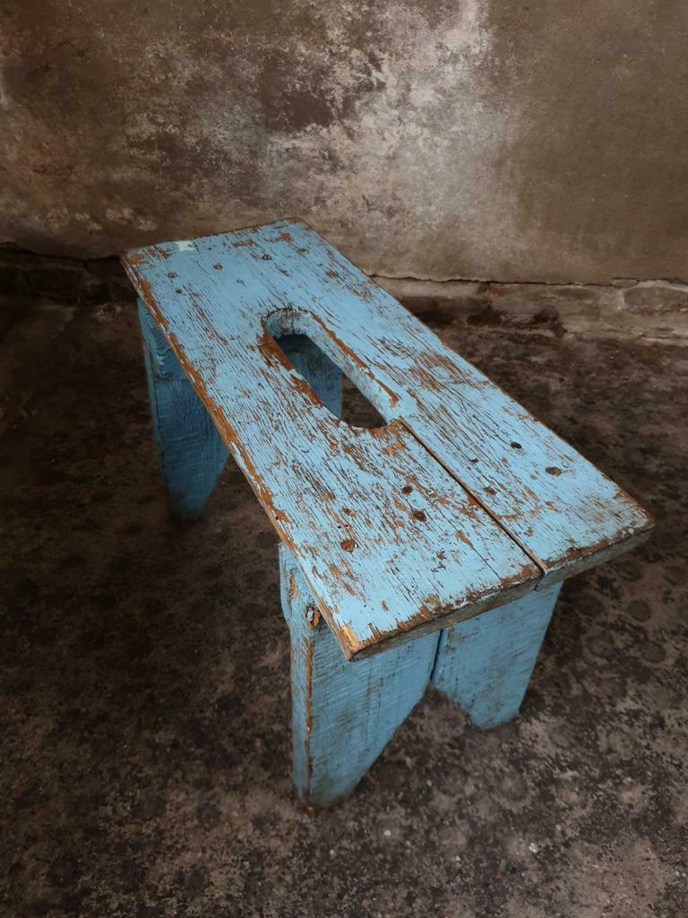 Brocante wooden bench stool etagere light blue