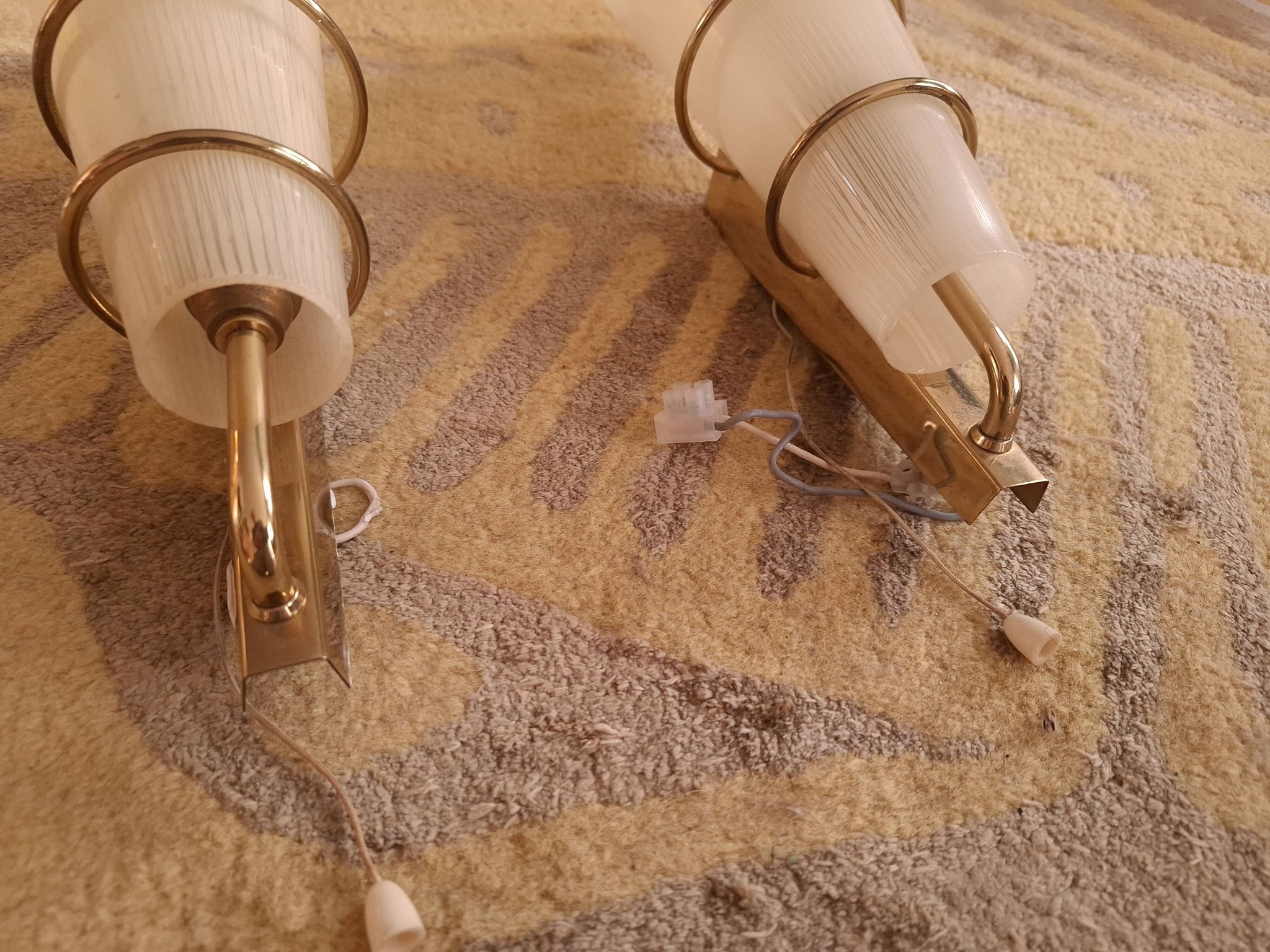 2 60's design wall lights in italian brass and glass