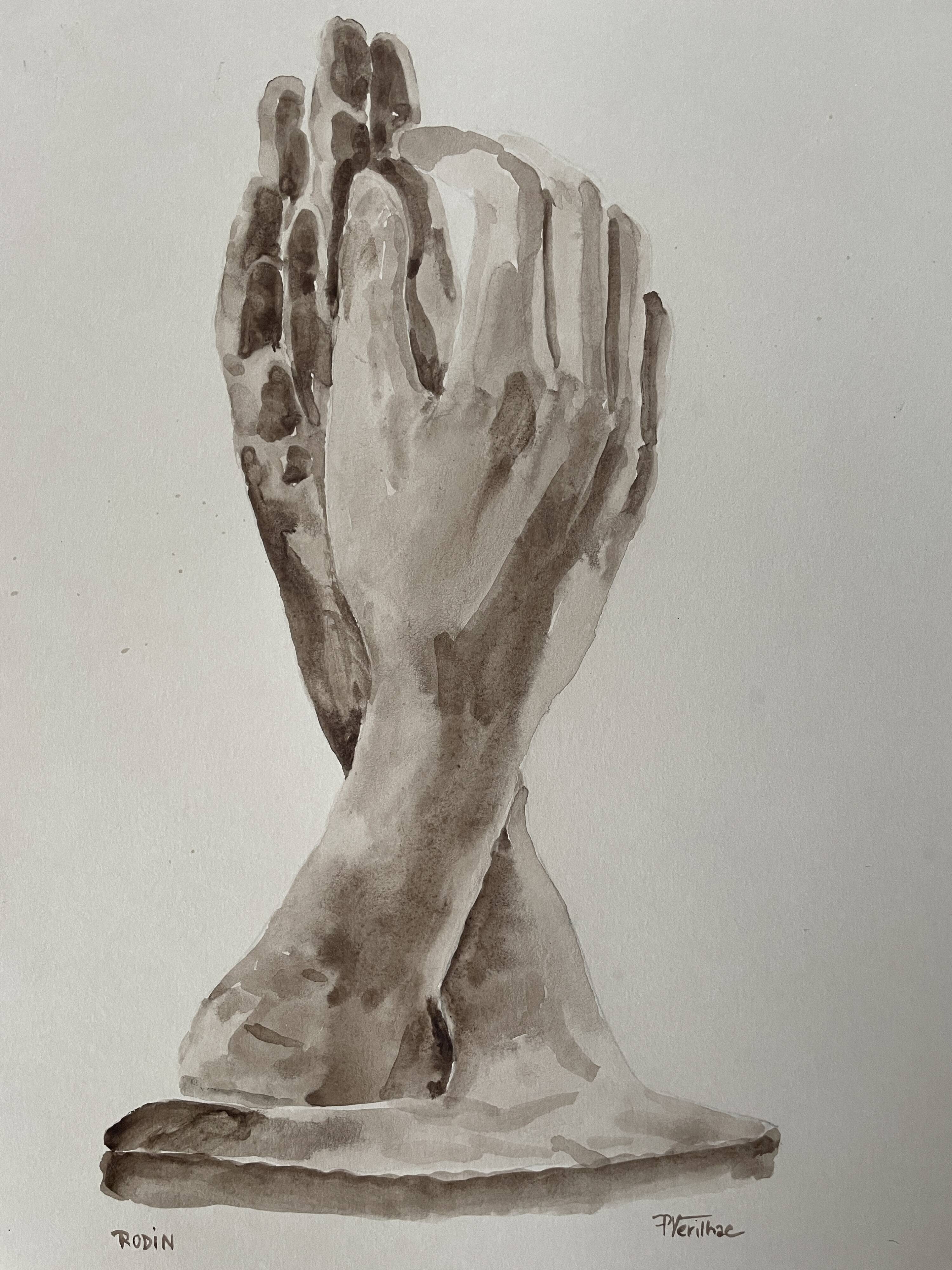 Painting signed watercolor monochrome sepia study statue “Rodin’s Cathedral”