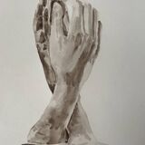 Painting signed watercolor monochrome sepia study statue “Rodin’s Cathedral”