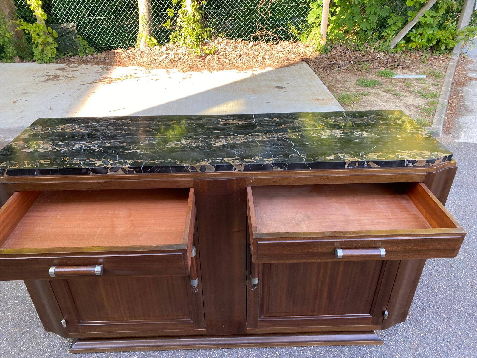 Vintage Parisian art deco sideboard in solid wood and black marble 180cm
