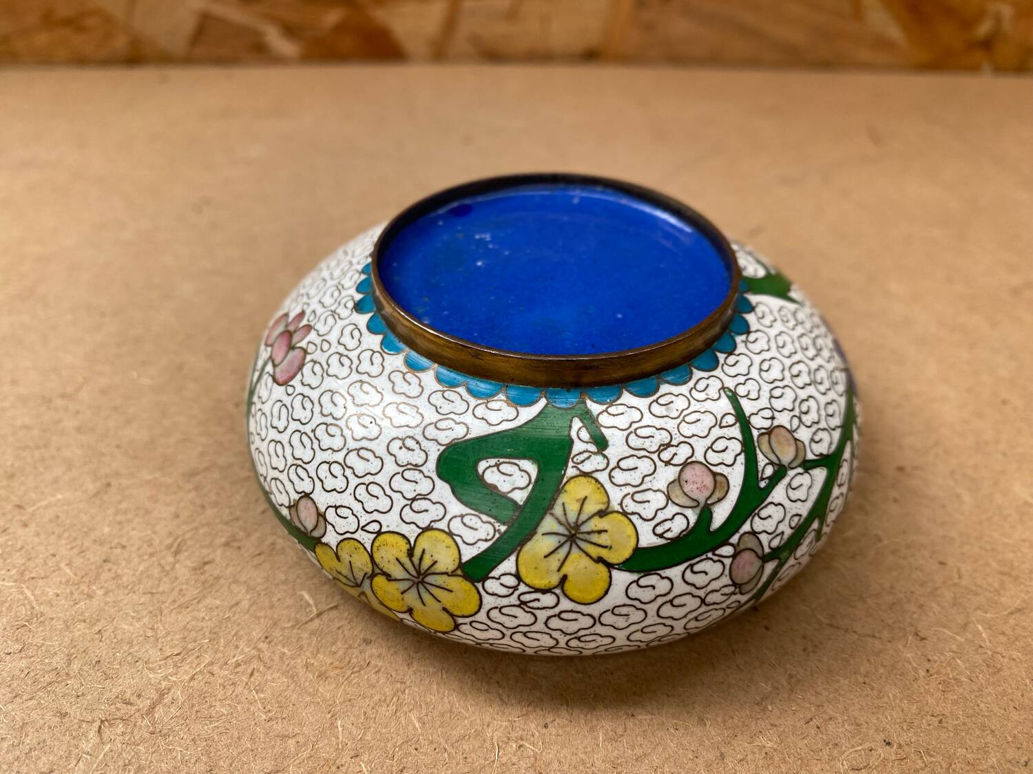 Antique Chinese Bronze Cloisonne Enamel Ashtray Vintage Flower Pattern