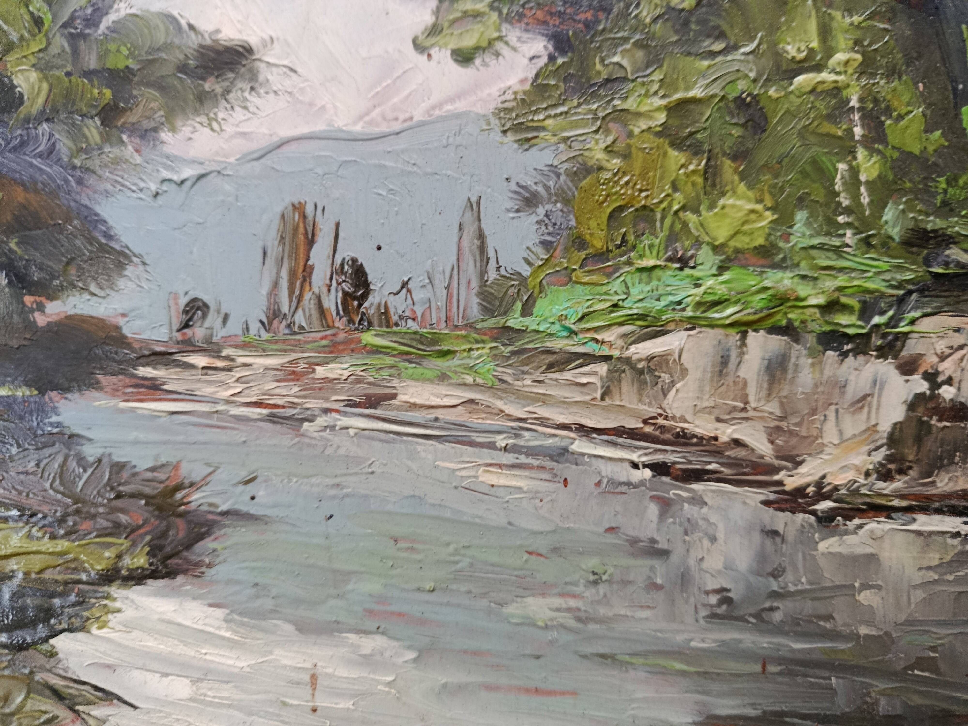 OIL ON PANEL 20th CENTURY: LANDSCAPE river and forest, signed H.L or S.L., frame