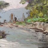 OIL ON PANEL 20th CENTURY: LANDSCAPE river and forest, signed H.L or S.L., frame