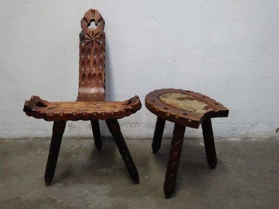 Vintage Spanish Wooden Chair and Stool from the 1970s