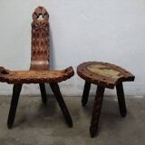 Vintage Spanish Wooden Chair and Stool from the 1970s
