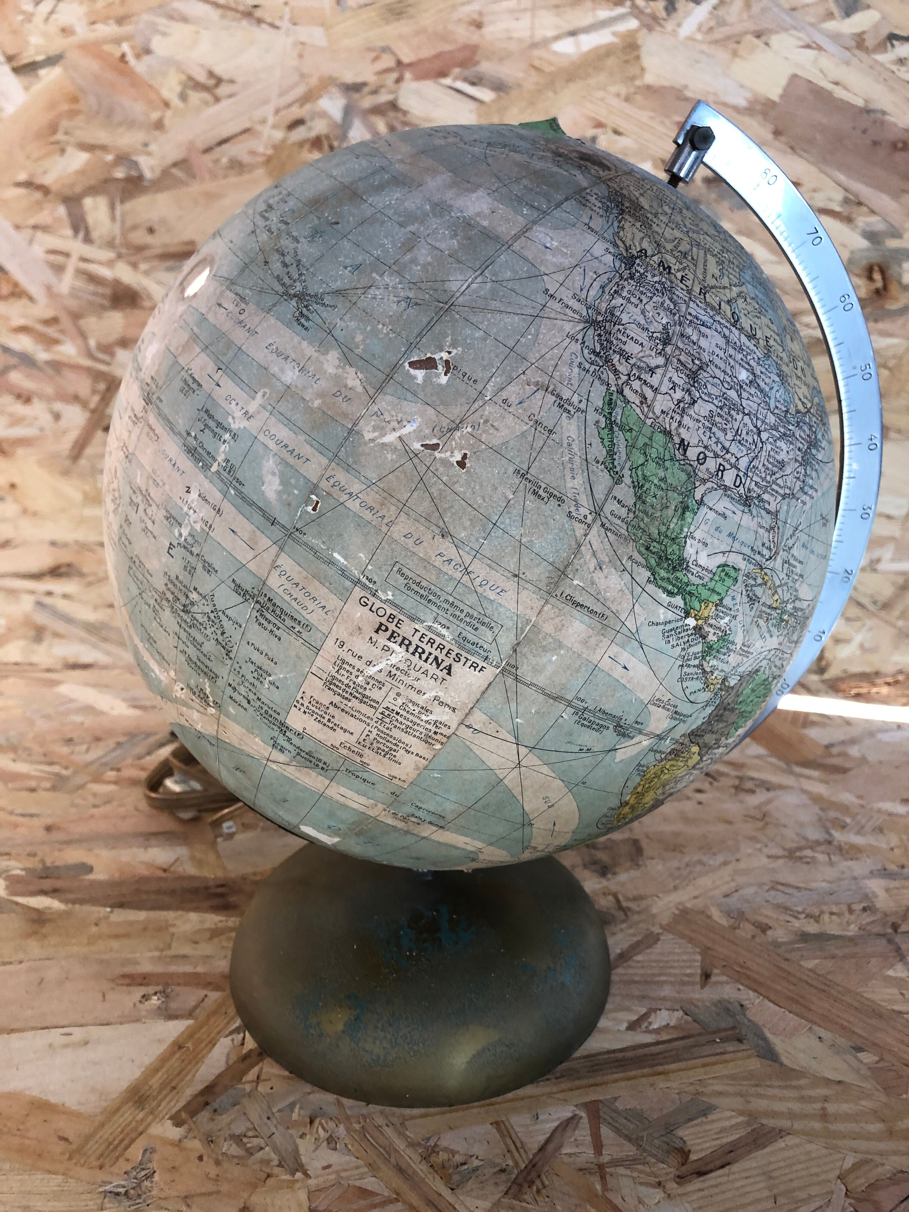 Old terrestrial globe world map perrina paris glass vintage metal foot