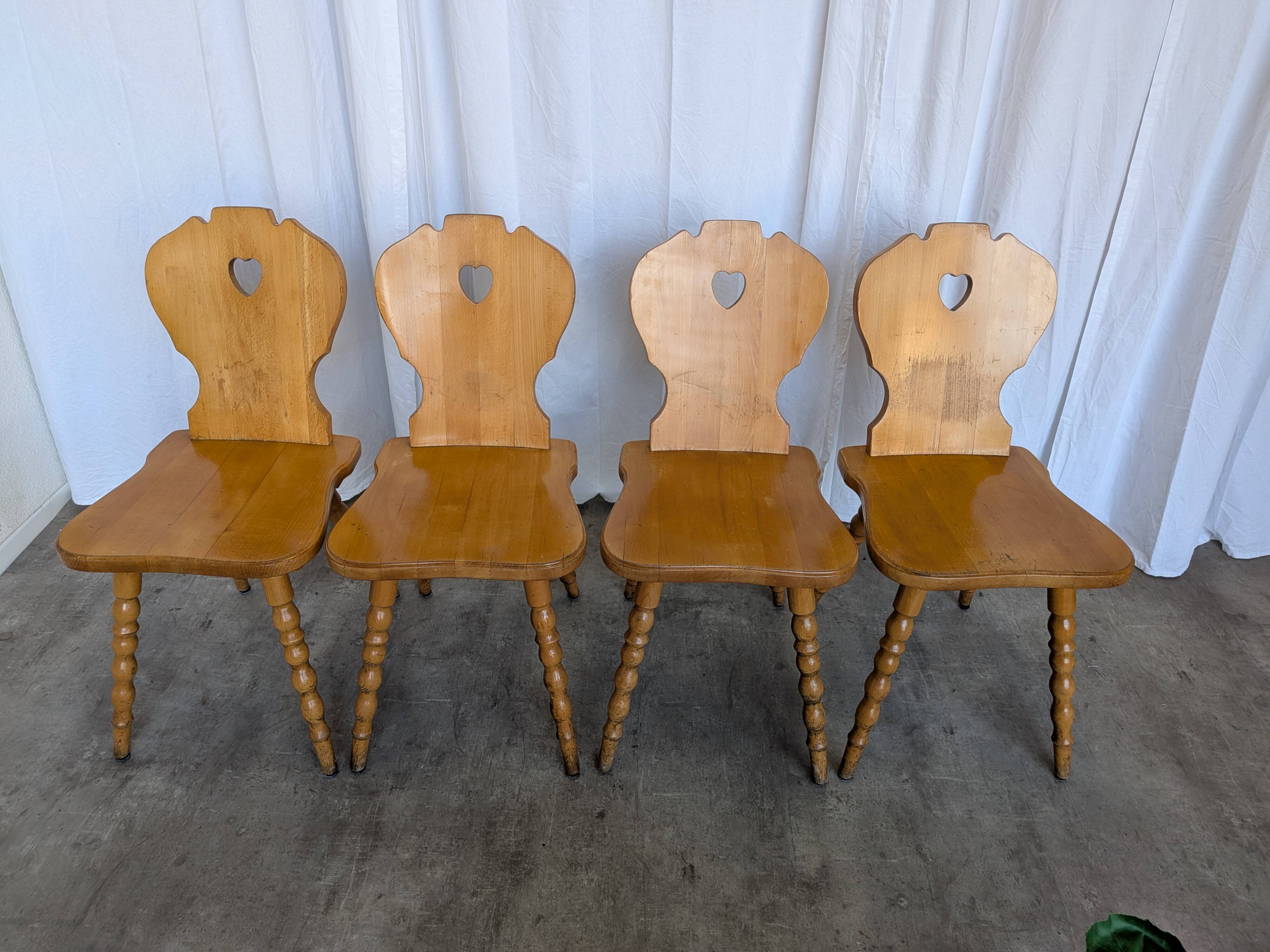 Set of 4 Vintage Tyrolean Heart Cutout Wooden Dining Chairs