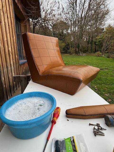 4 camel faux leather armchairs, 1950s
