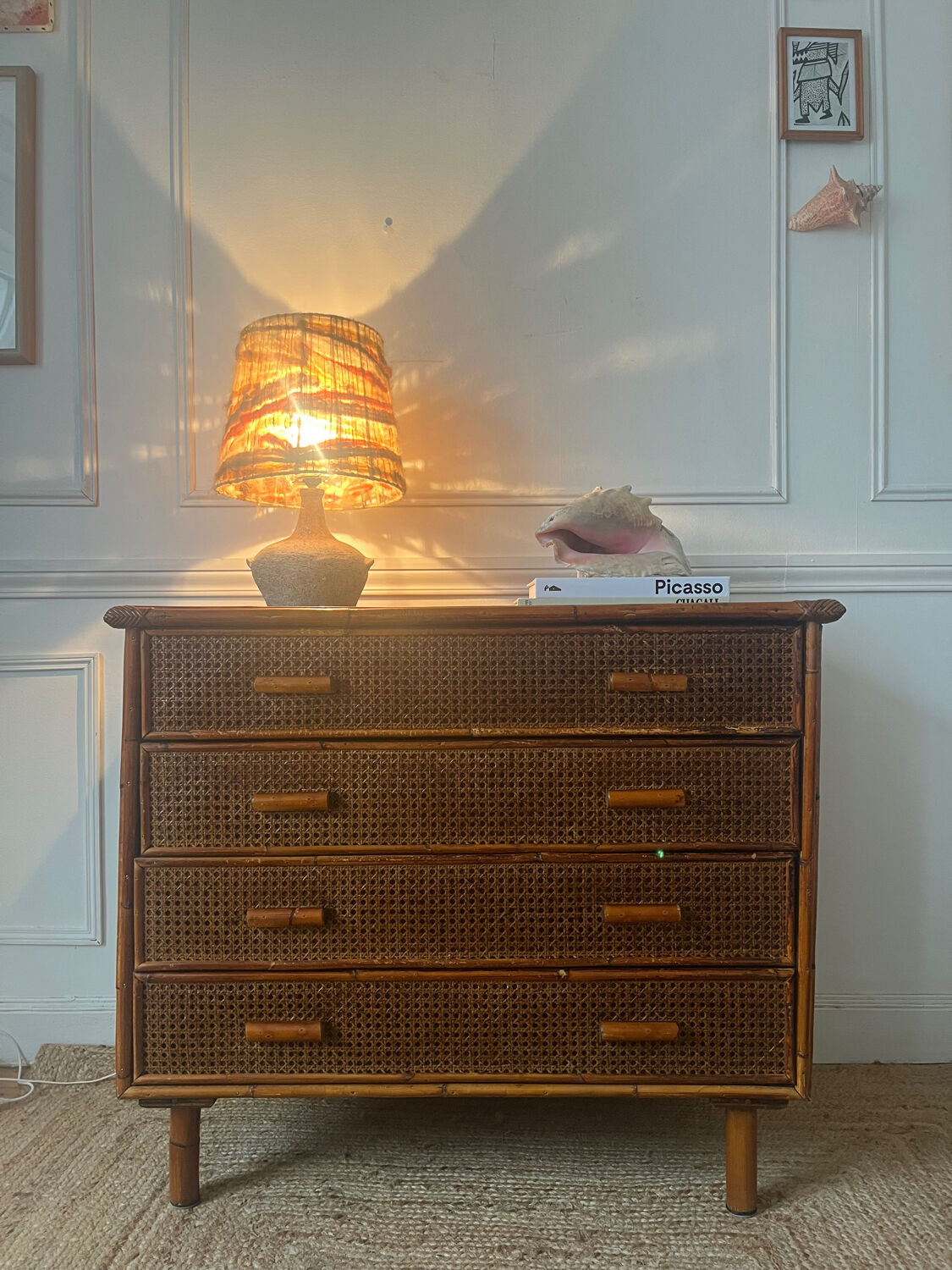 Vintage rattan chest of drawers with 4 drawers