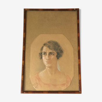 Old drawing painting portrait of woman Yves Diey