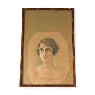 Old drawing painting portrait of woman Yves Diey