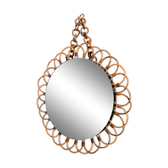 Rattan flower mirror with rattan hook, 1970