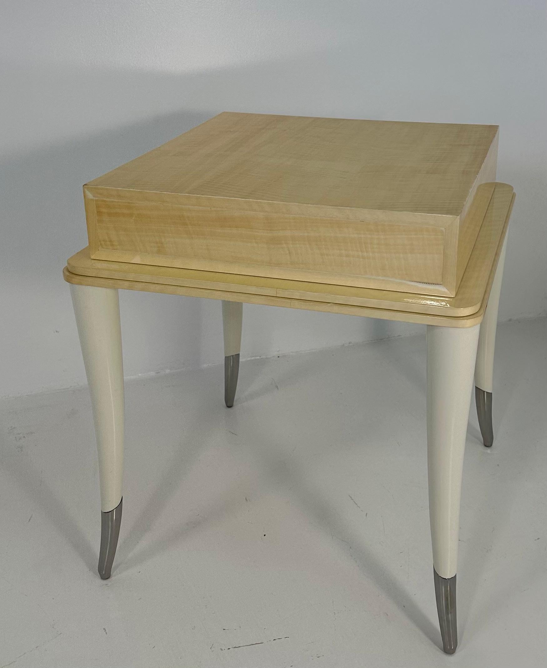 Italian Art Deco Style Cream Lacquer, Maple, Cream Velvet and Chromed Metal Side Table