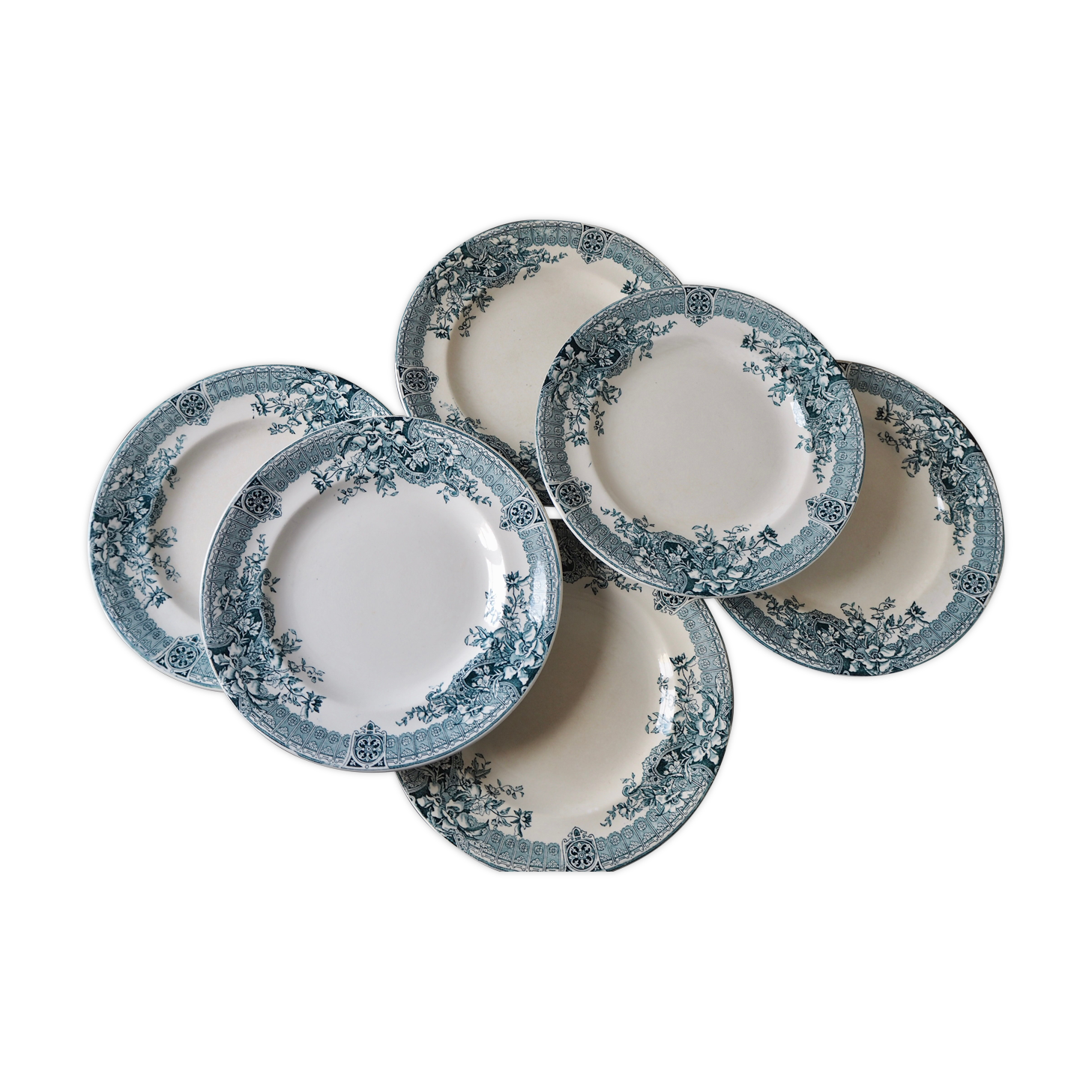 Set of 6 flat plates Longwy, Watteau model