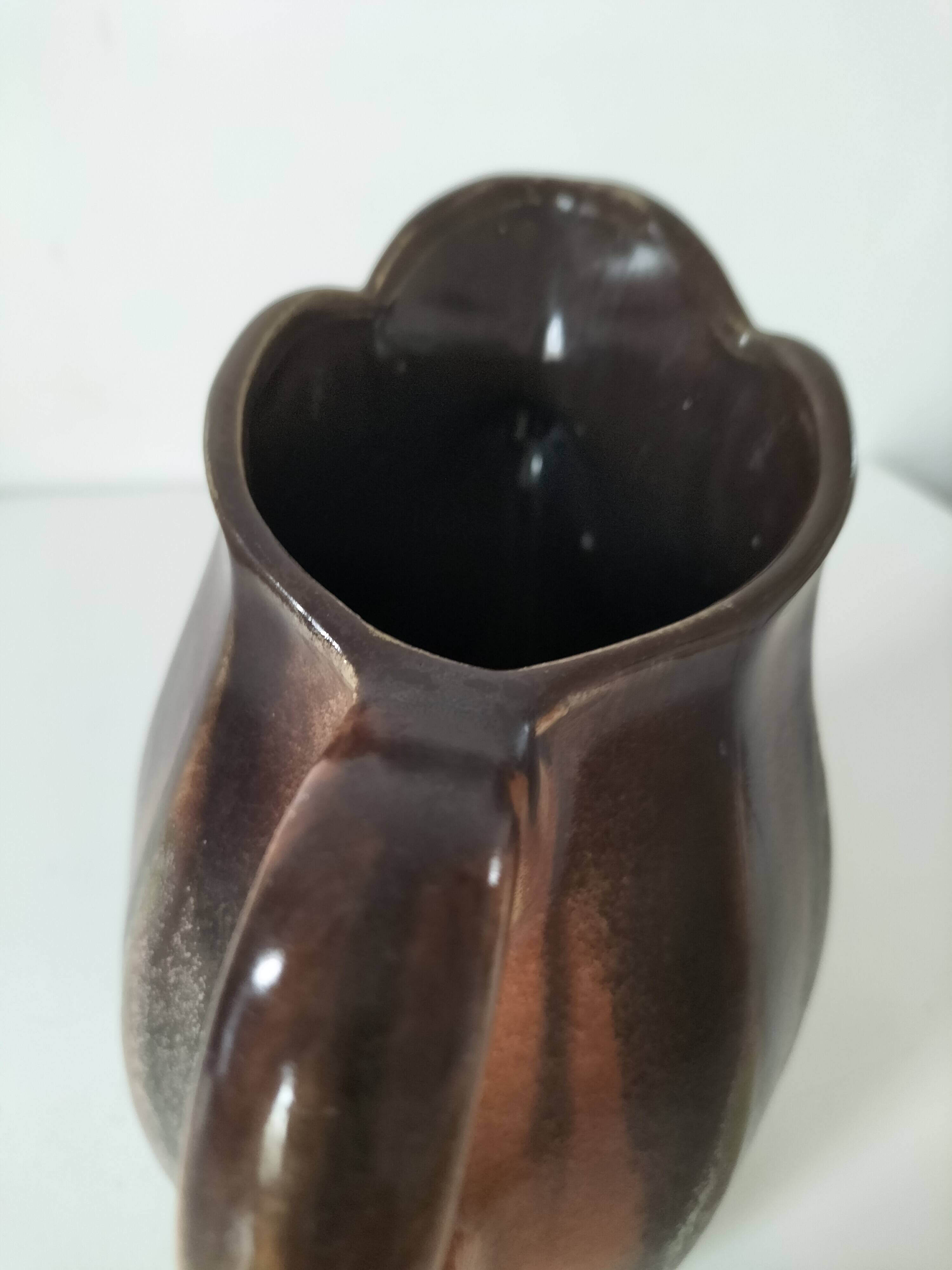 Vintage Belgian ceramic sculptural pitcher in chocolate brown.