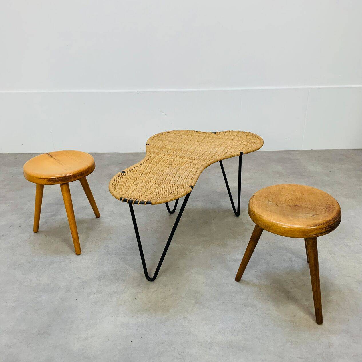 Raoul Guys coffee table, free form, wicker and metal, 1960s.