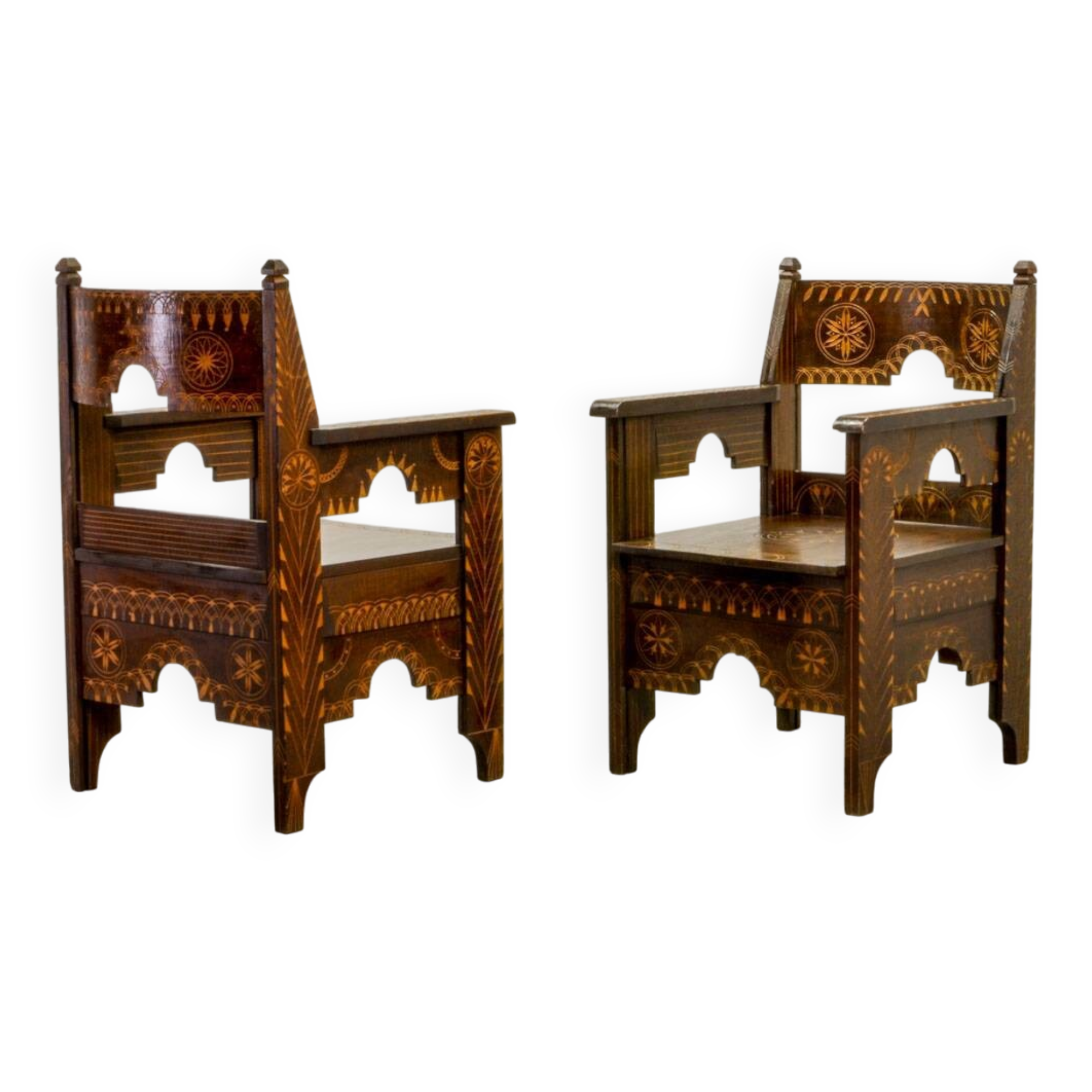 Set of Middle East Design Carved Wooden Moorish Decorated Side Chairs 1950s