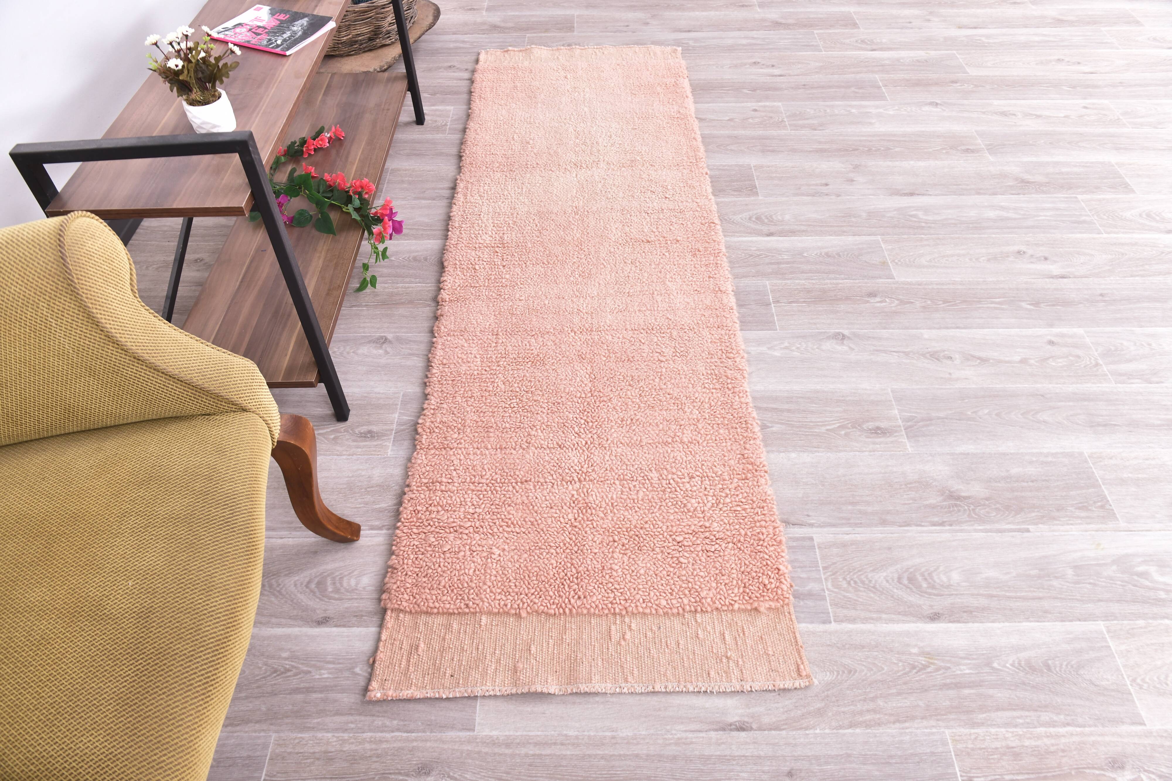 %100 Rose Pink Wool Vintage Runner Rug 67x215Cm