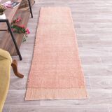 %100 Rose Pink Wool Vintage Runner Rug 67x215Cm