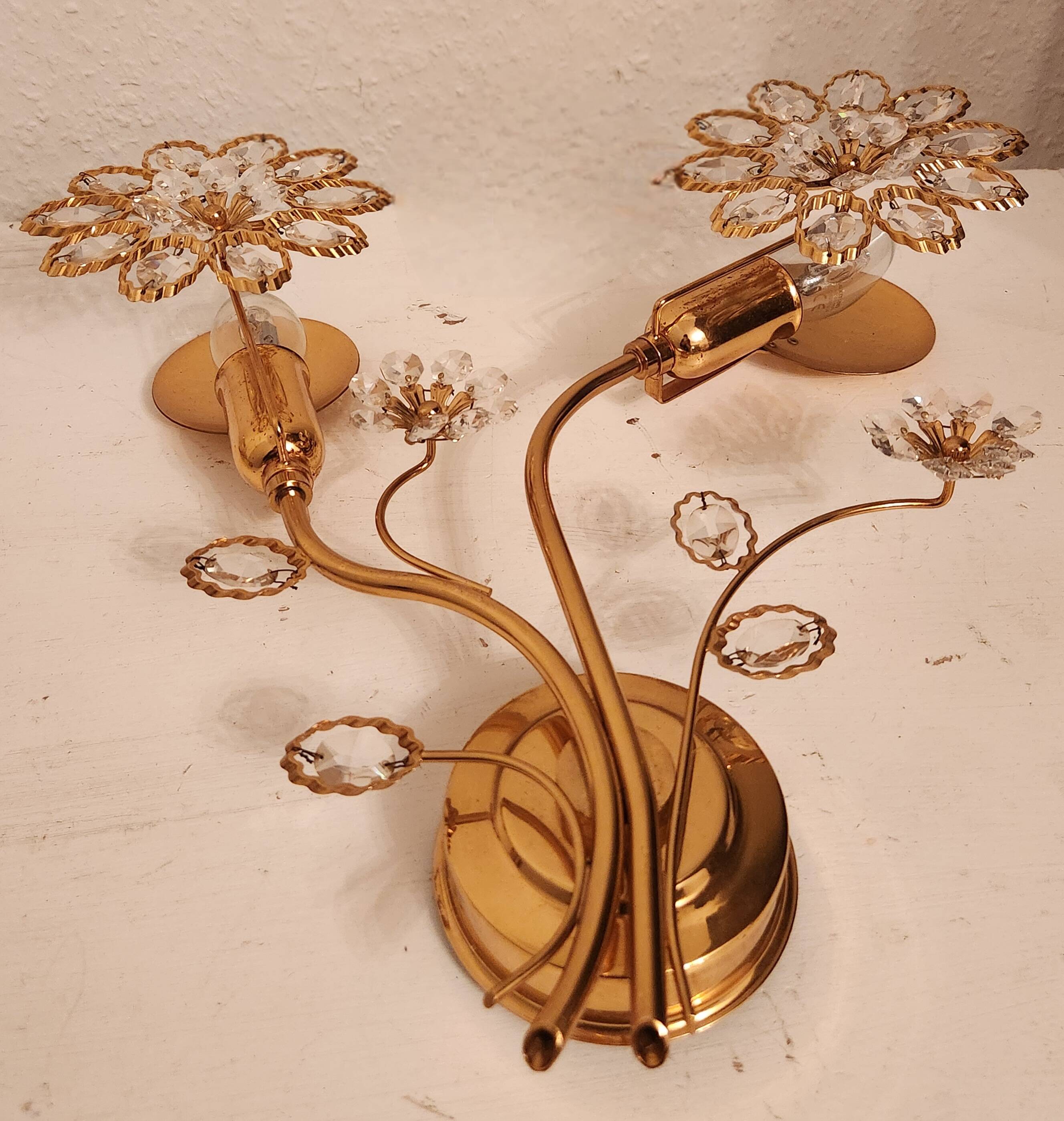 Set Hollywood Regency Wandlampe vergoldet Messing Swarovski-Kristalle Palwa