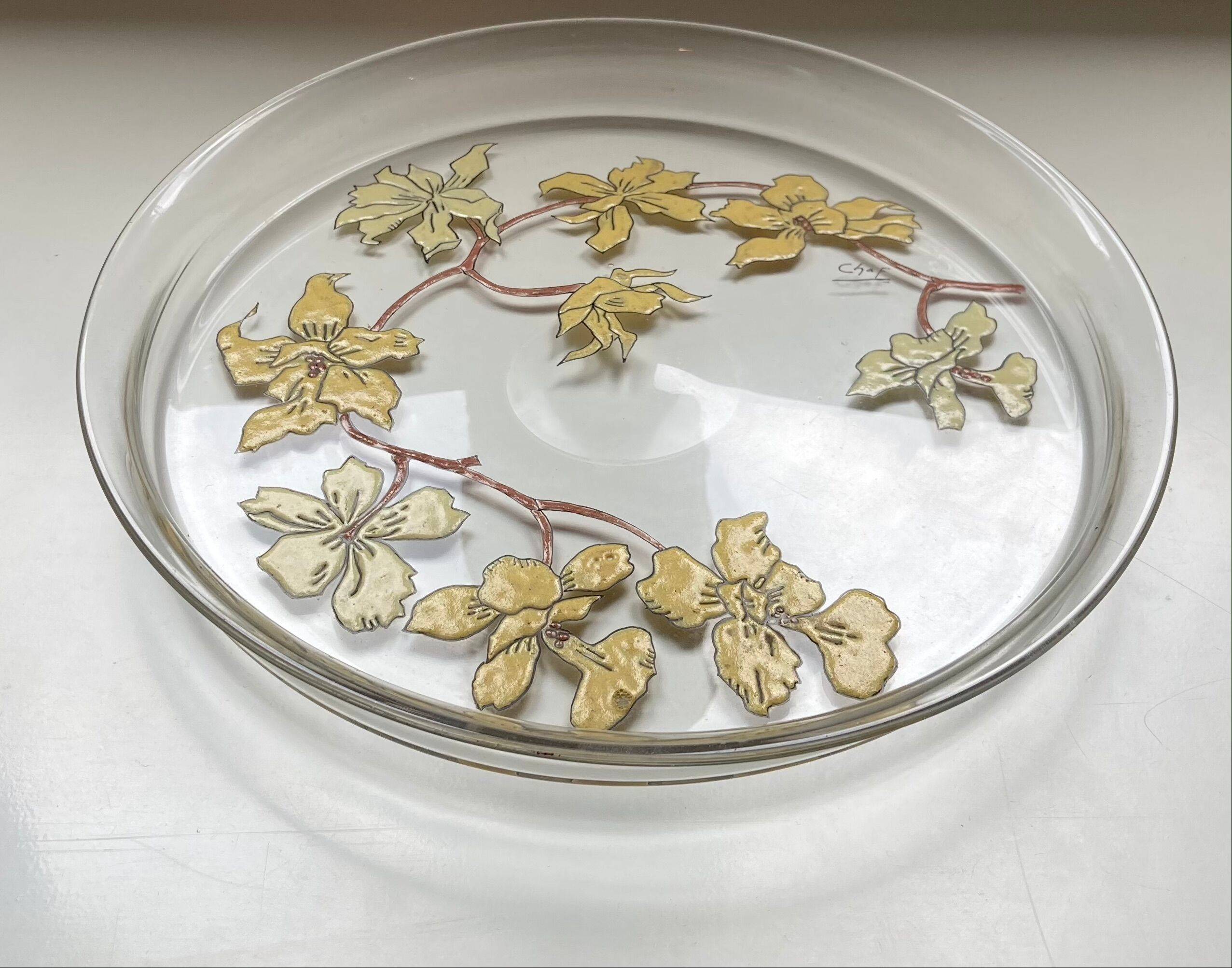 Former Art Nouveau Floral enamel glass flat tray signed Chaf Nancy School