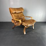 Fauteuil de salon suédois en cuir et bois courbé par Jan Bengstsson, années 1970