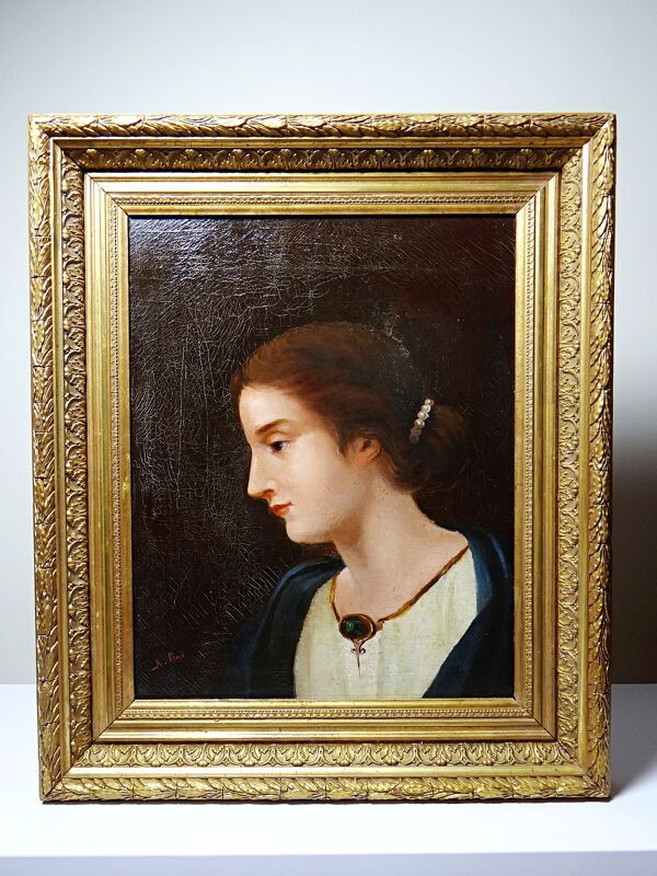 Ancien portrait de jeune femme de profil, huile sur toile A.Piard XIXe