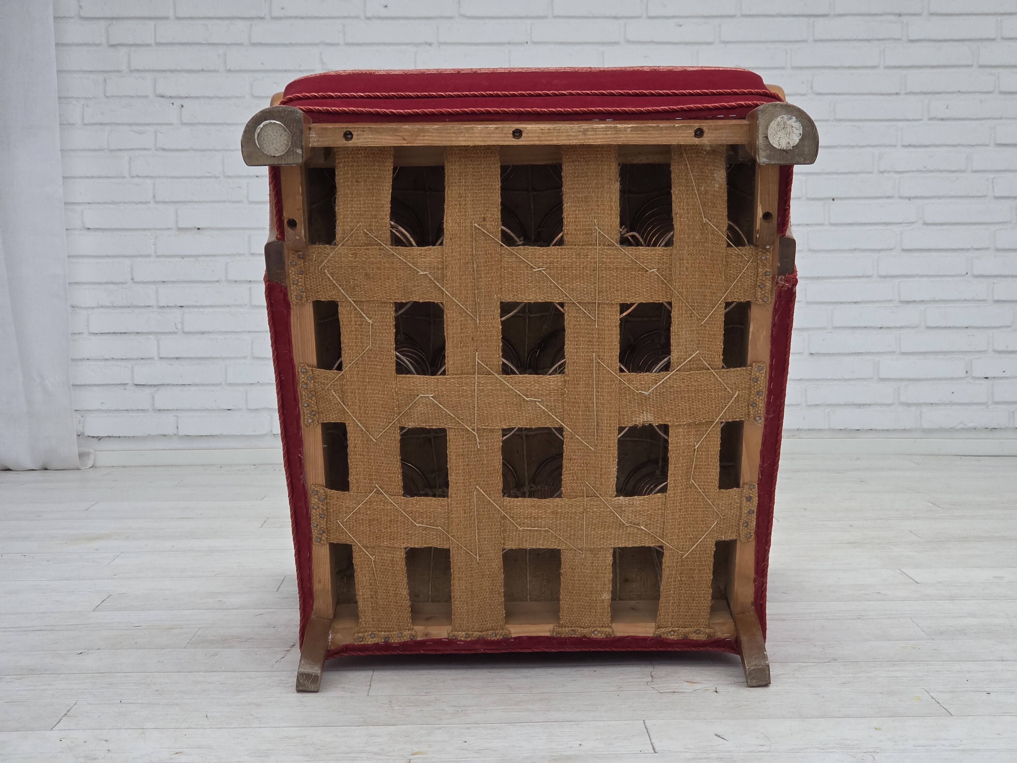 1960s, Danish armchair, red furniture velour, oak wood.