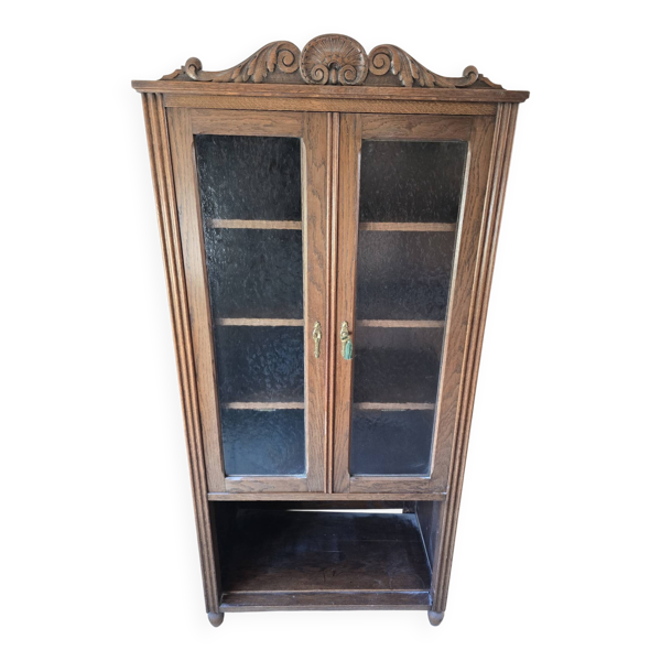 Bibliothèque vitrine ancienne en chêne sculpté