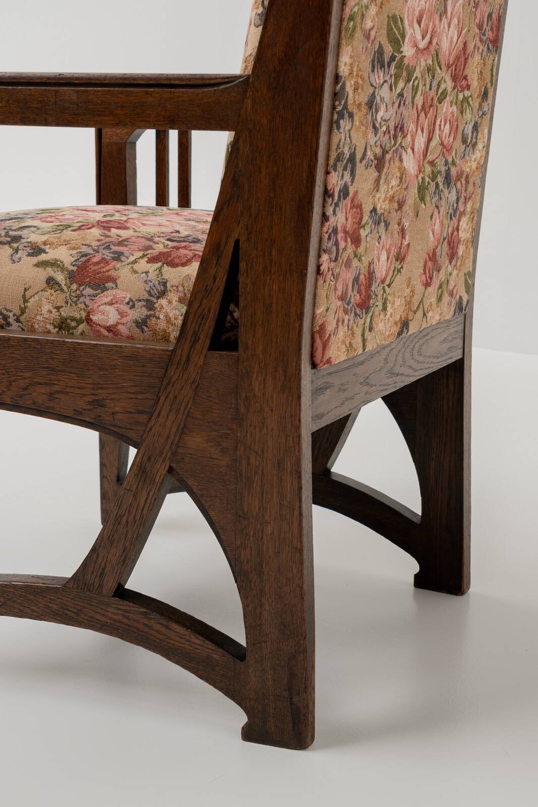 Art Nouveau Armchair in Oak with Floral Upholstery, Belgium, 1900s