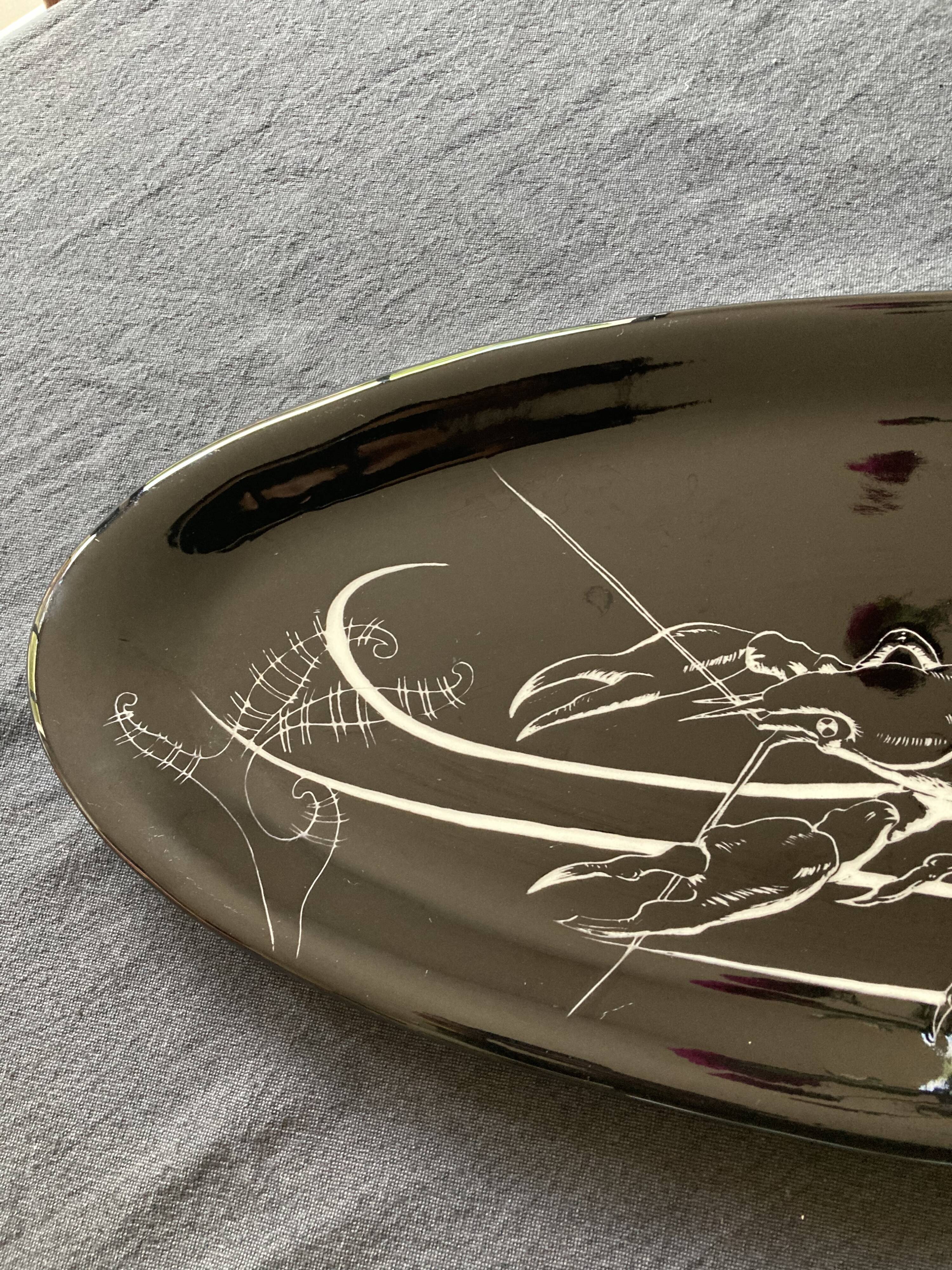 Glazed ceramic lobster fish dish from the 1950s.