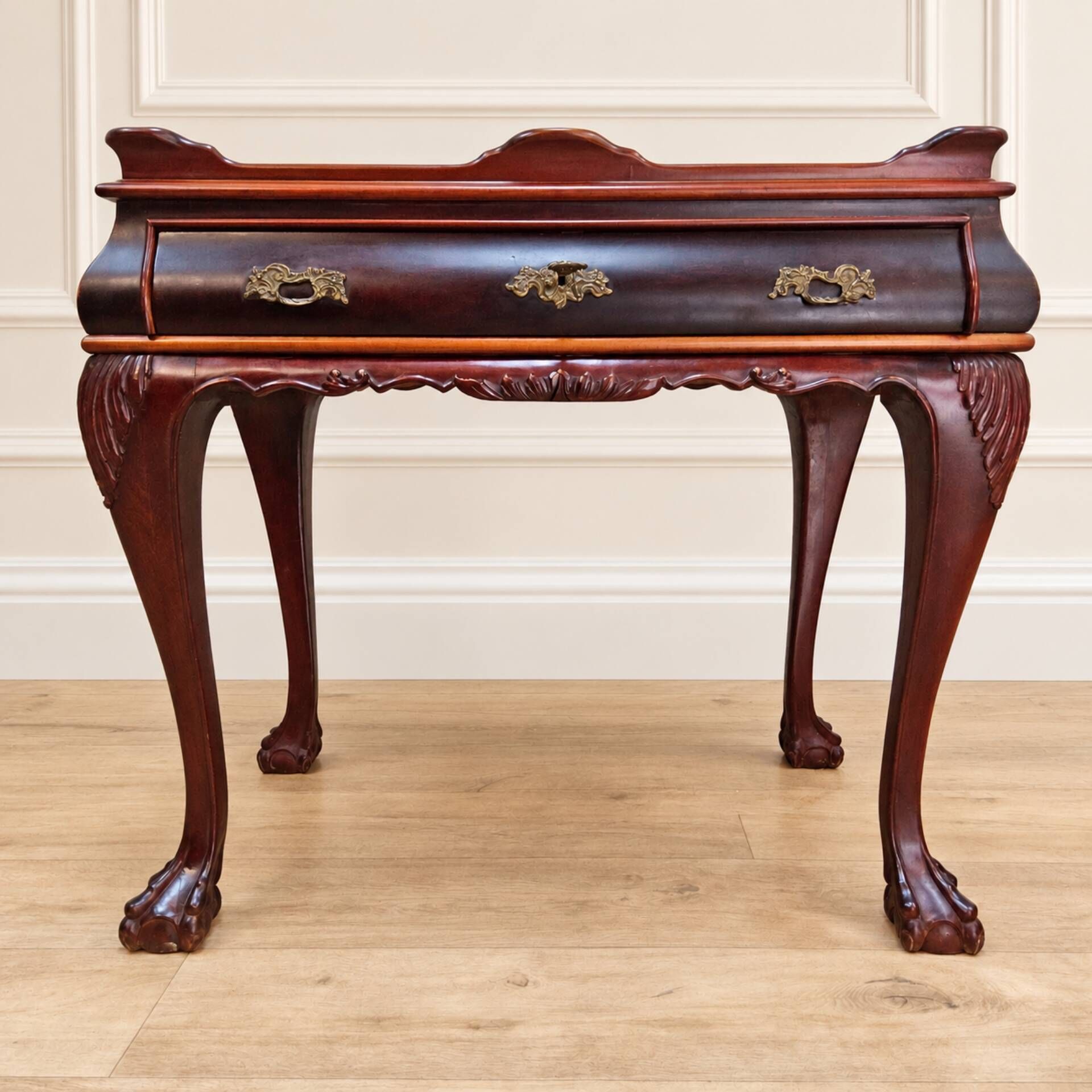 Antique walnut side table / tea table with drawer, shelves