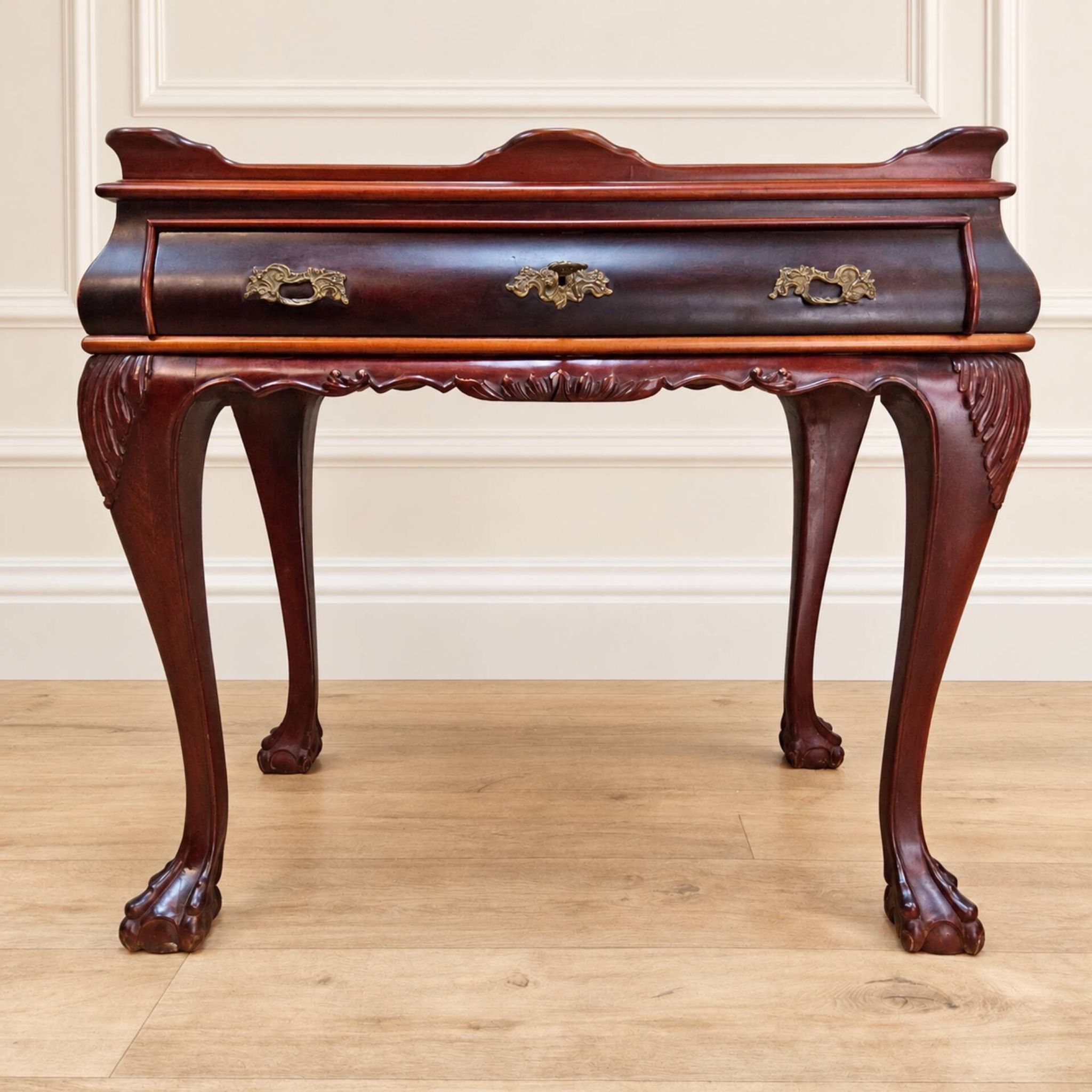 Antique walnut side table / tea table with drawer, shelves