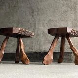 Pair of tripod stools in solid oak, France 1940s