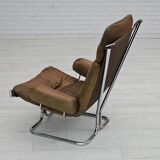 1970s, Norwegian design by Harald Relling, original condition, leather, chrome steel, teak wood.