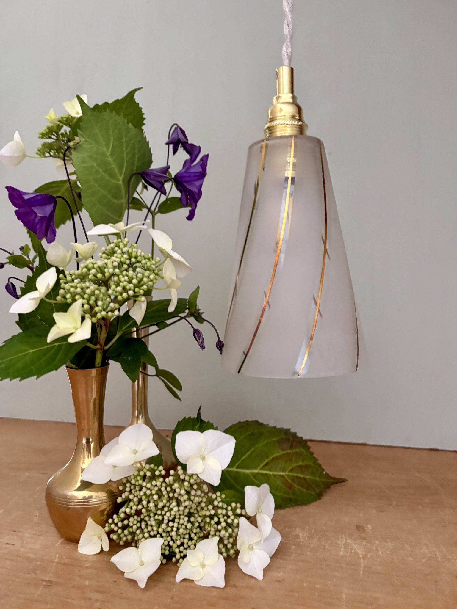 Vintage tulip pendant light in white frosted glass and gold trim