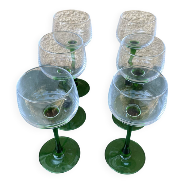 Lot de 6 Verres à Vin d'Alsace Vintage – Pied Vert Émeraude