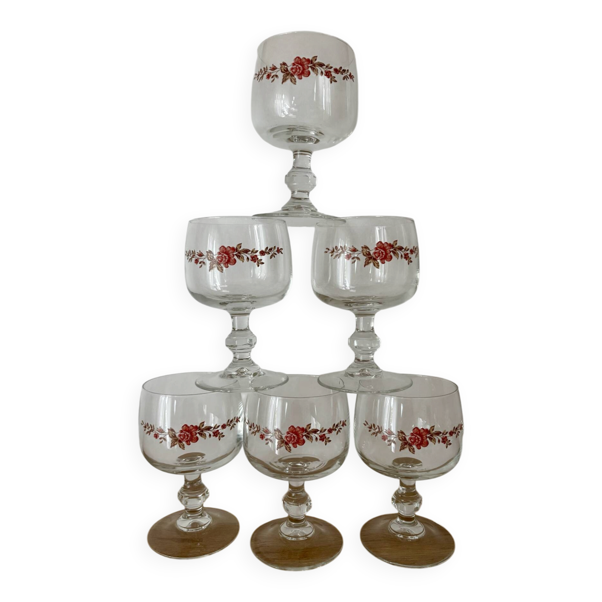 Vintage set of 6 stemmed glasses Luminarc with pink flowers.