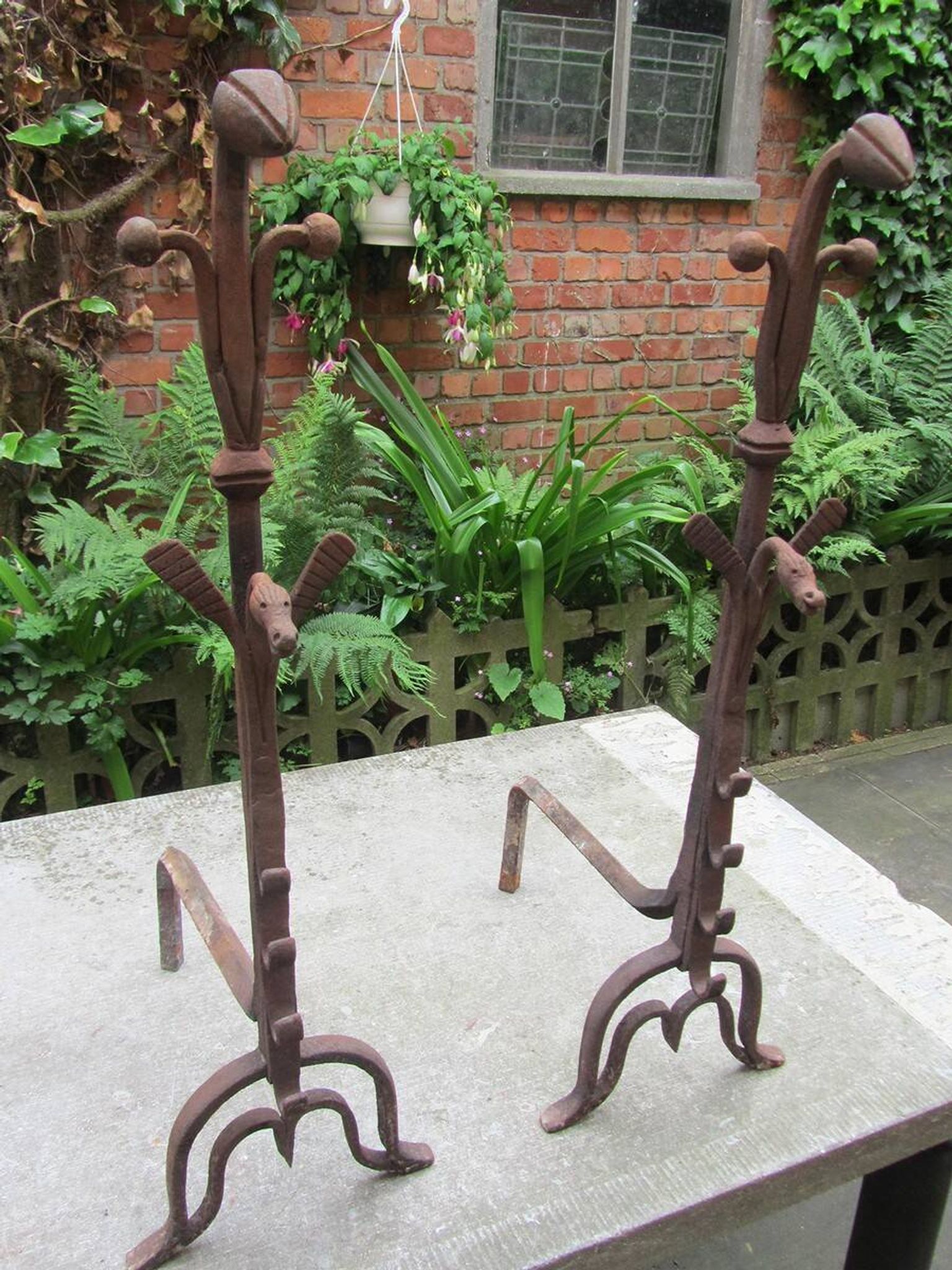 17th-18th Century Hand Forged Iron Dragon Gothic Andirons or Firedogs