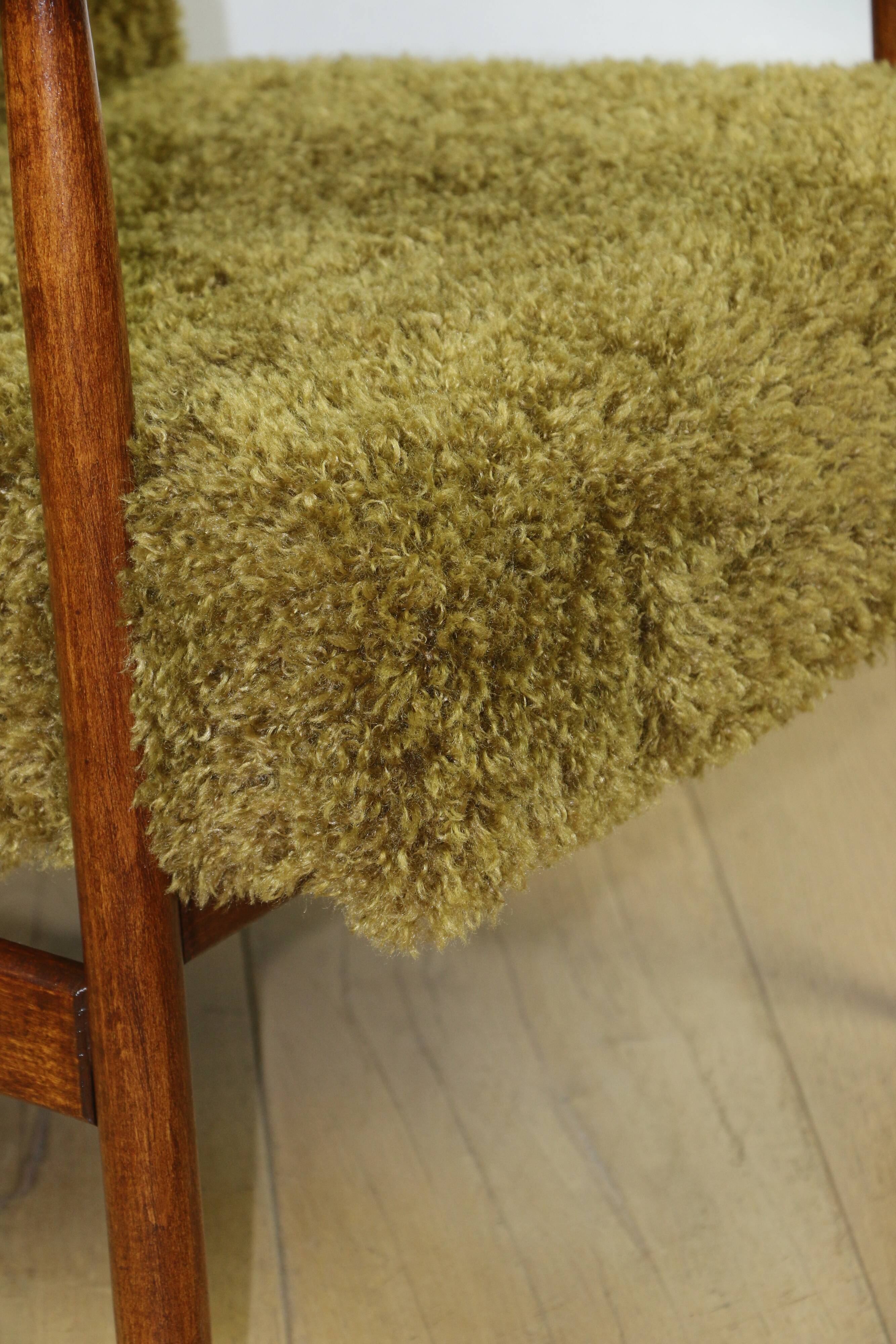Vintage armchair, 1970s red fox - high pile khaki / olive - long pile