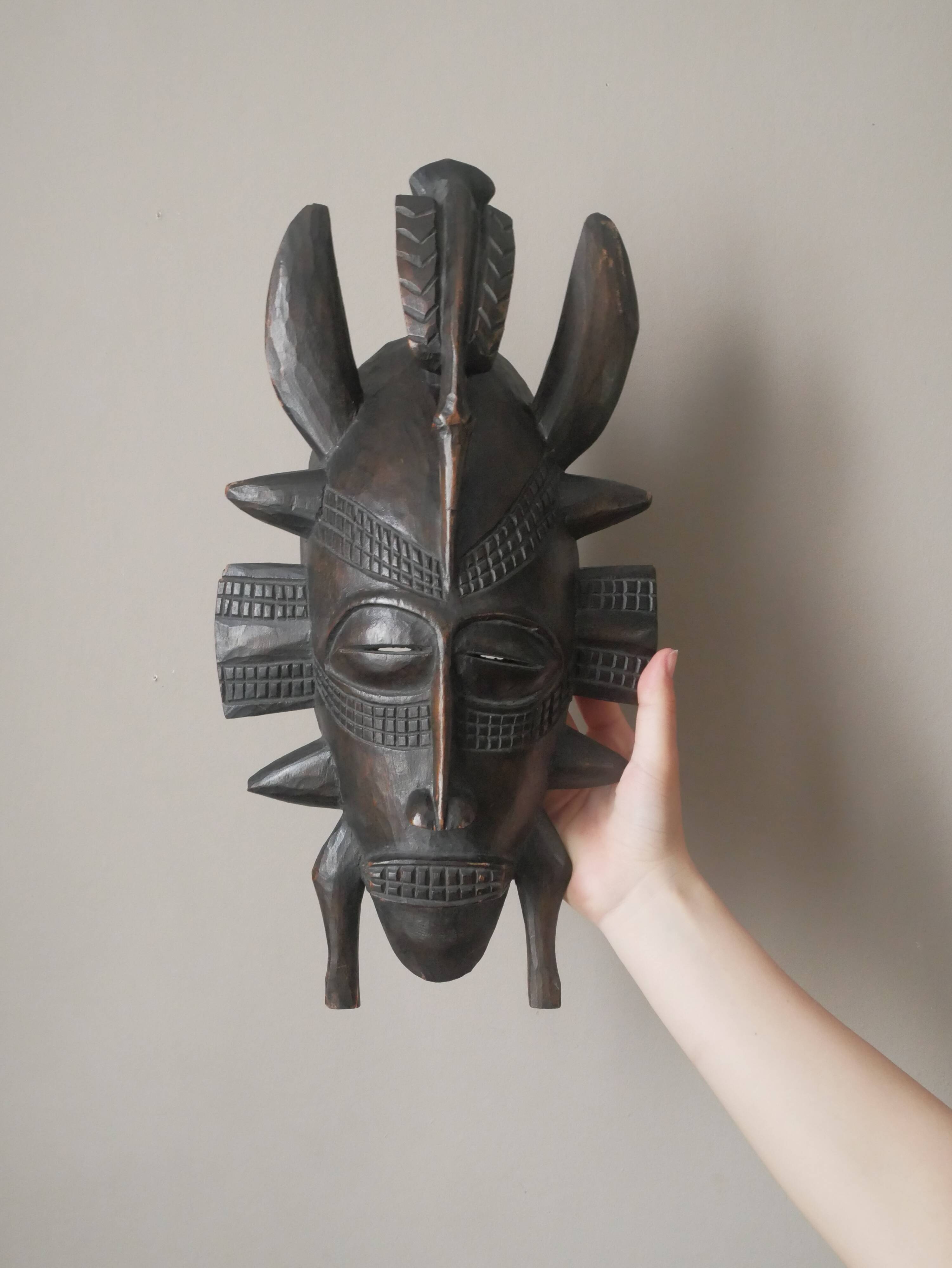 Vintage African Art wooden wall mask handcrafted tribal ethnic decorative object